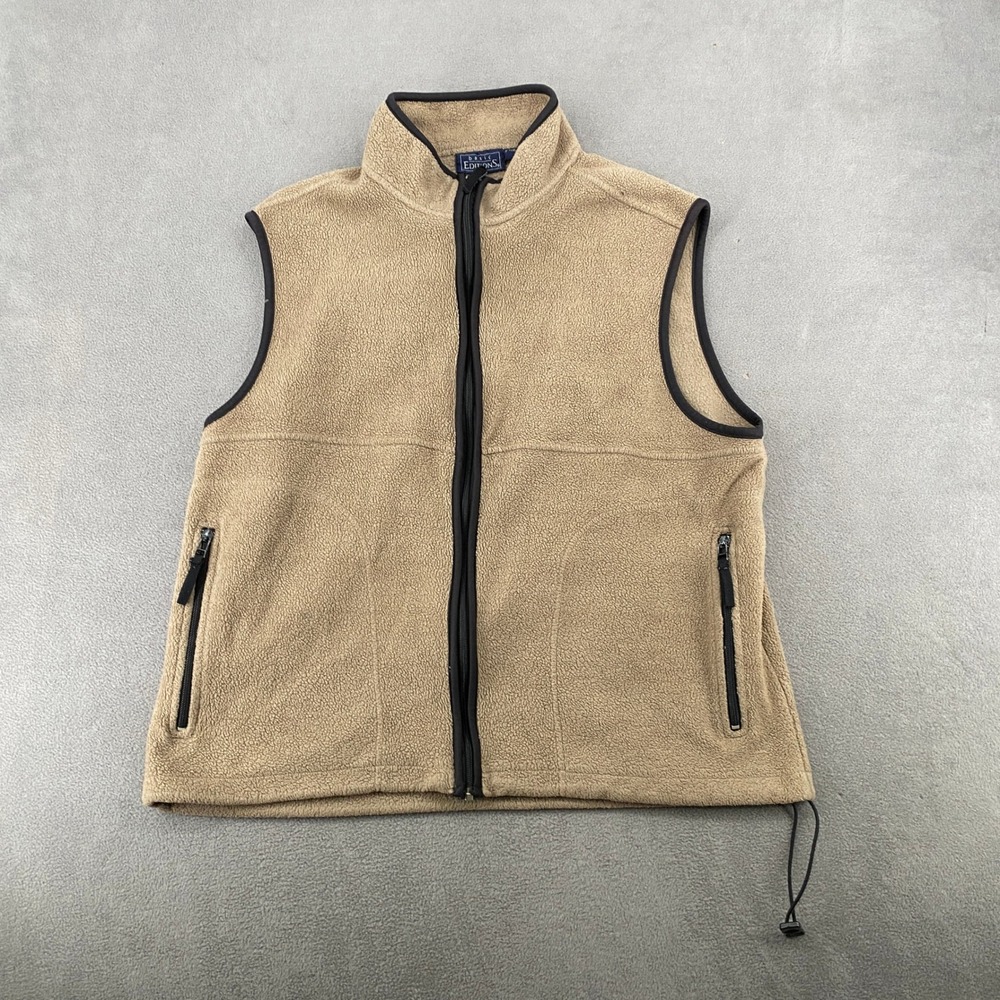 Basic Editions Mens XL Tan Fleece Full Zip Vest Sleeveless Jacket Tan Black Trim